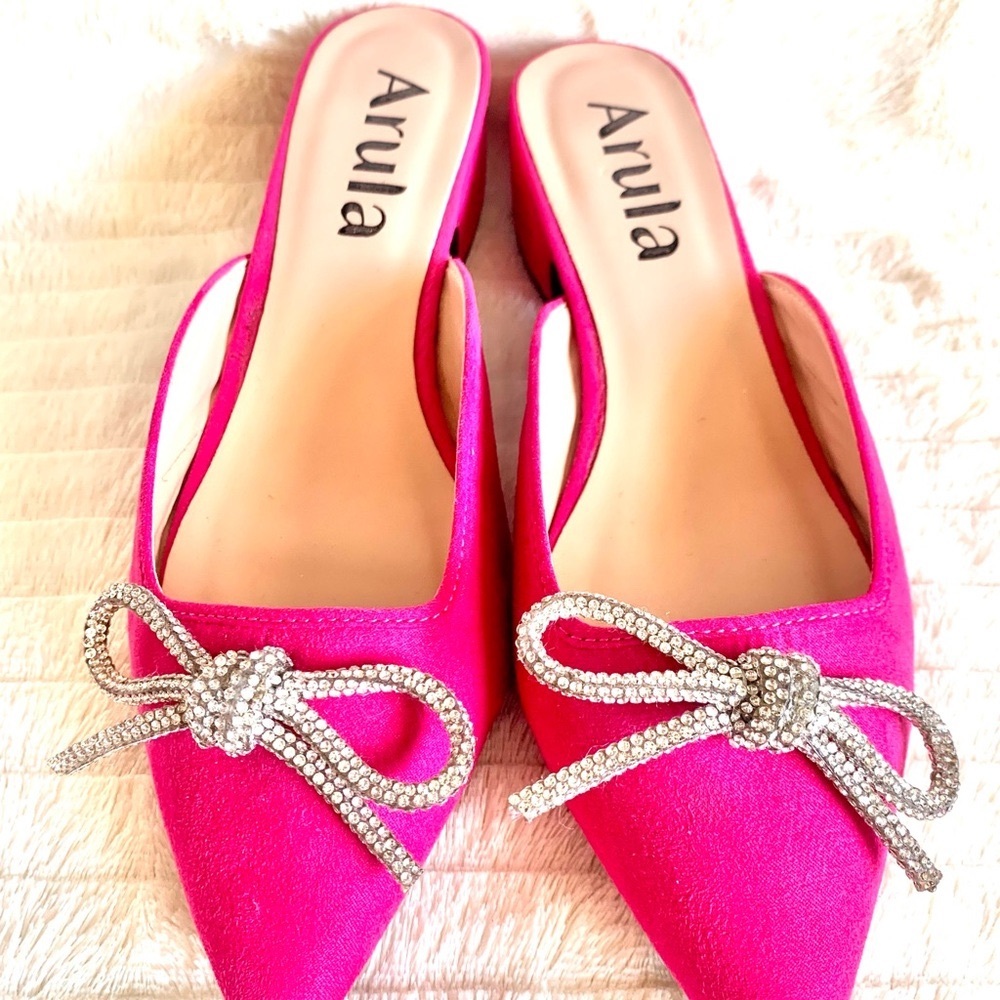 Arula Fuchsia Mules with Sparkling Silver Rhinestone Bow Heels.